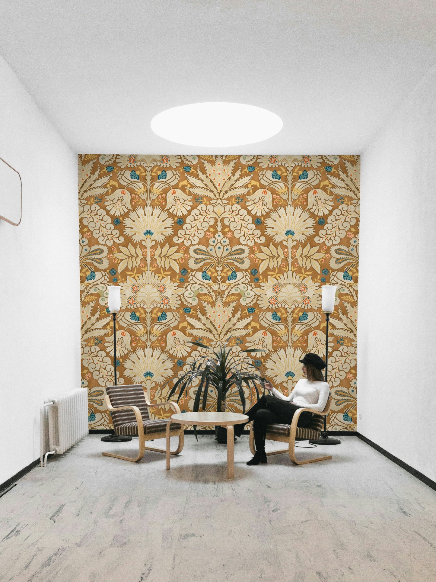 Stylish bedroom with cream and rust floral wallpaper

