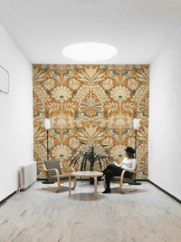 Stylish bedroom with cream and rust floral wallpaper

