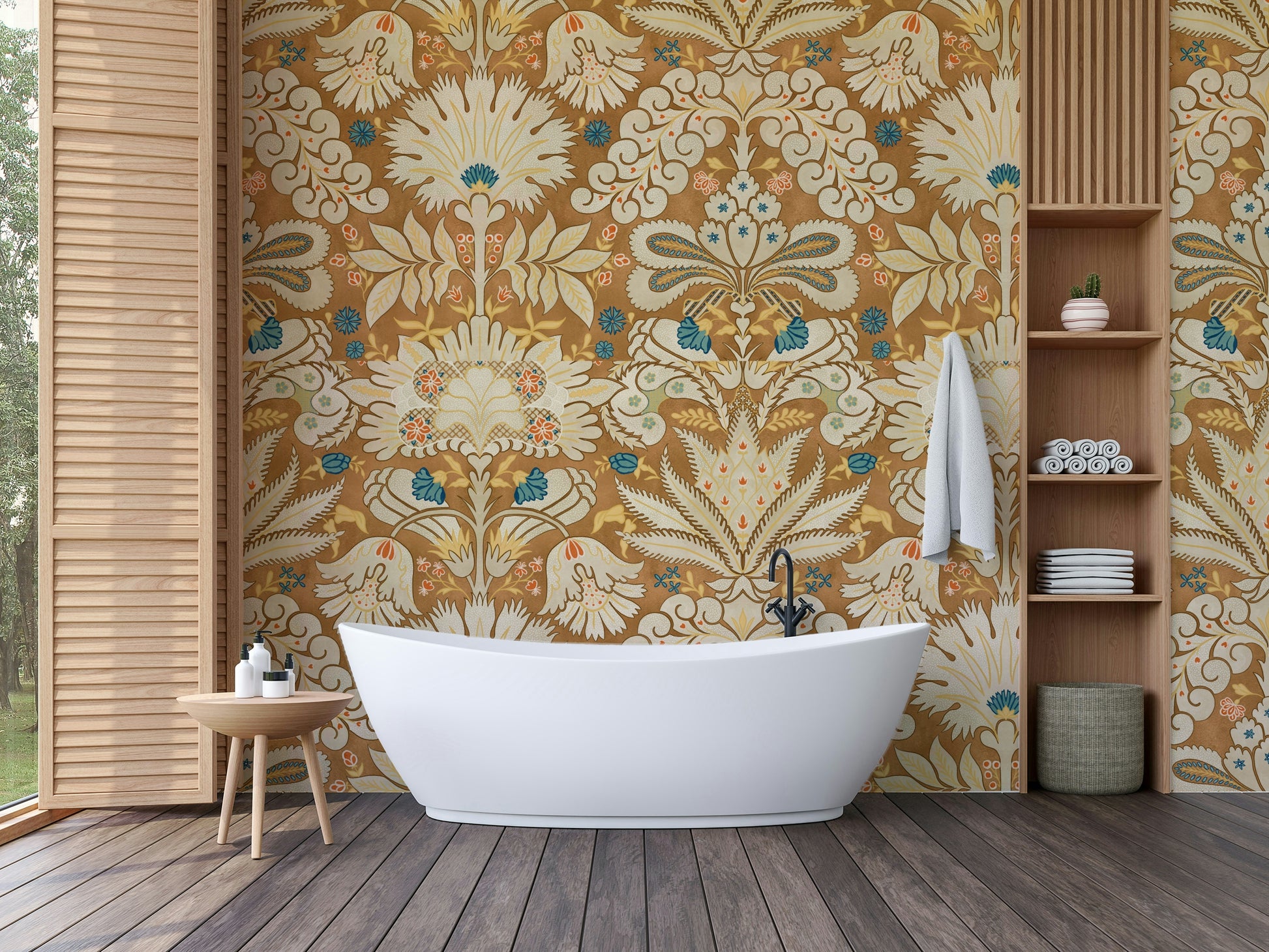 Classic rust-toned damask design in botanical style

