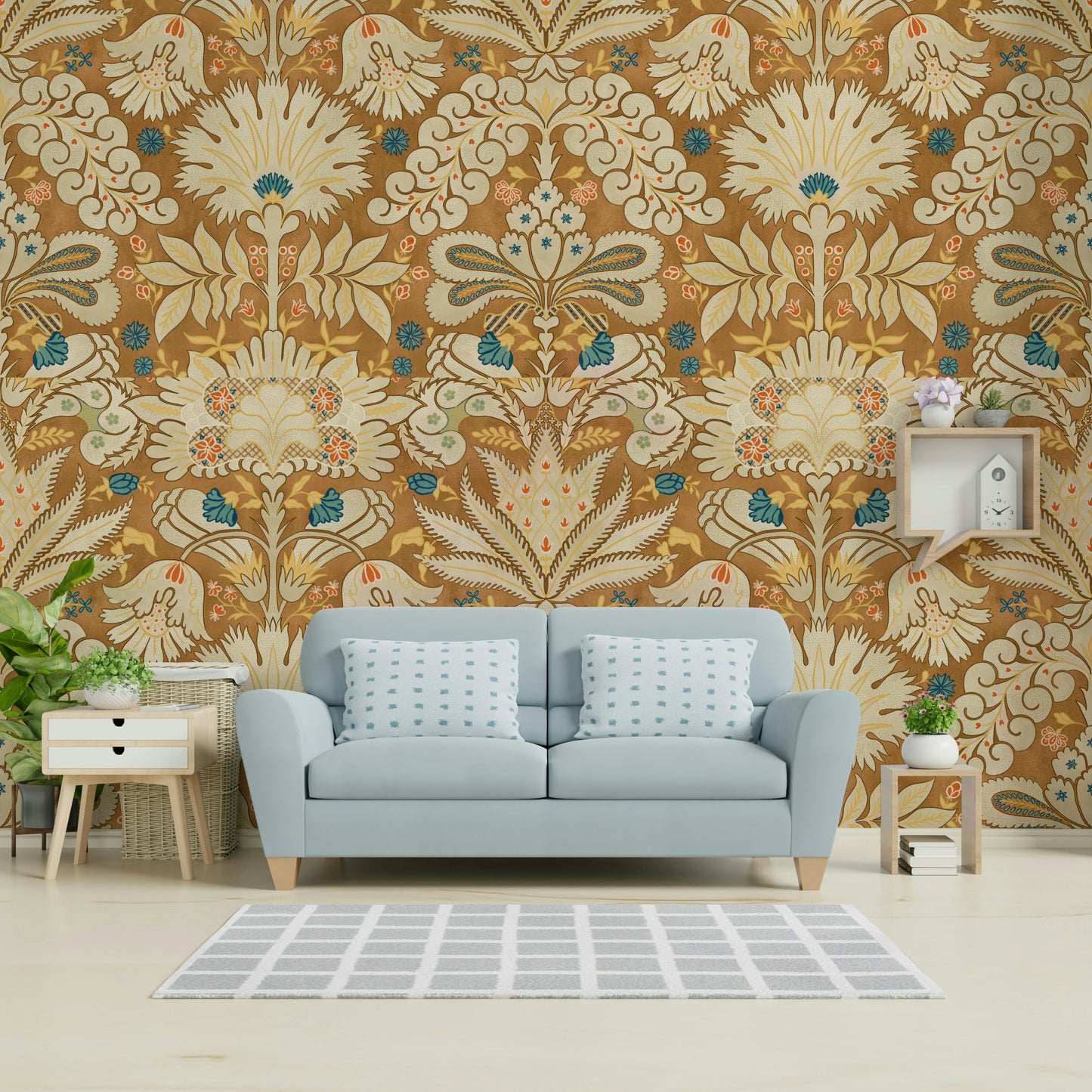 Elegant cream and rust damask pattern wall design

