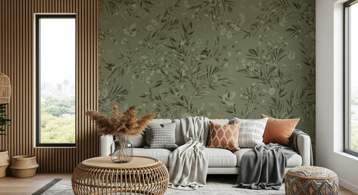 Whimsical nature-themed mural of exotic birds surrounded by leaves and blooms