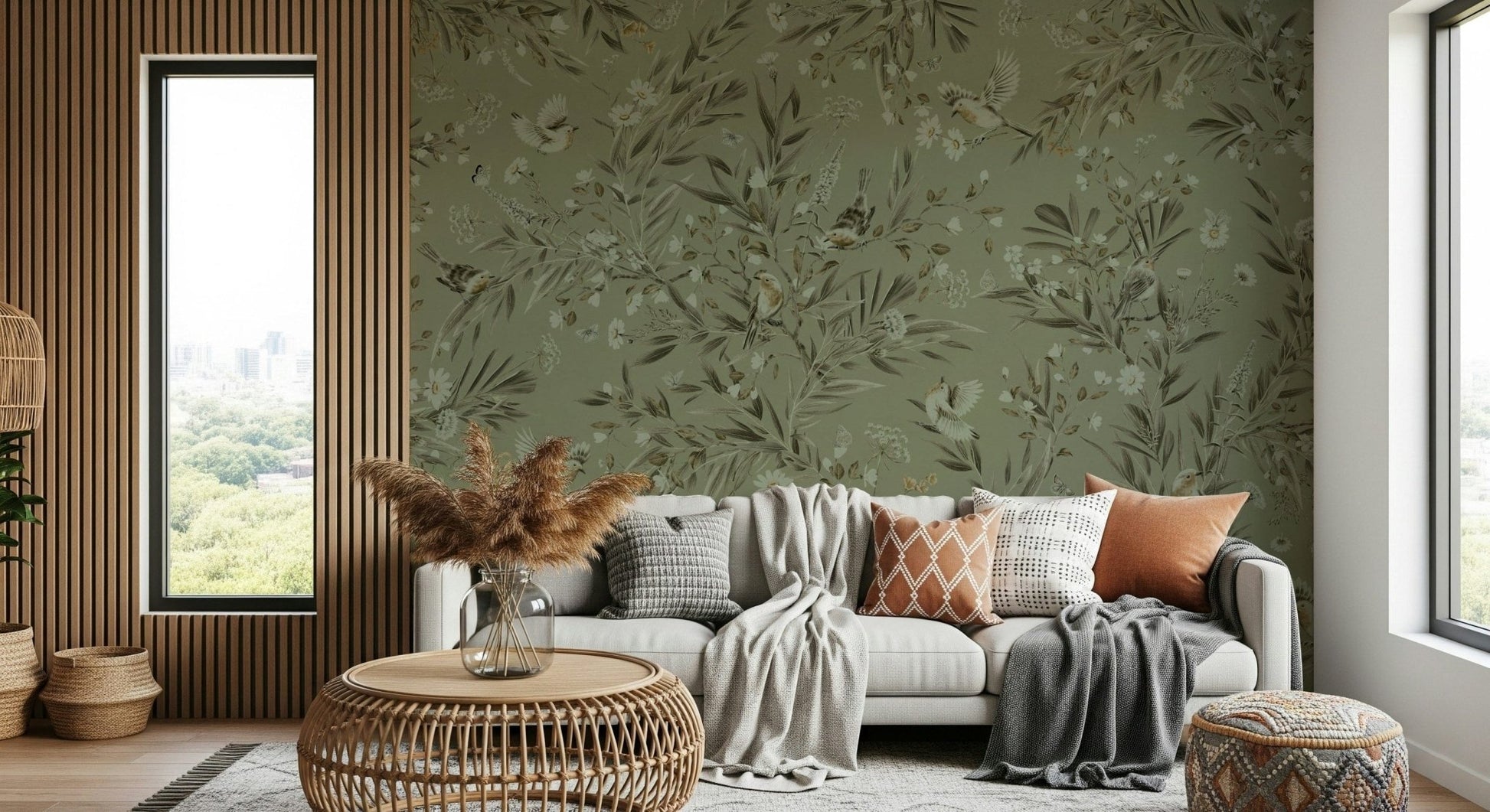 Whimsical nature-themed mural of exotic birds surrounded by leaves and blooms