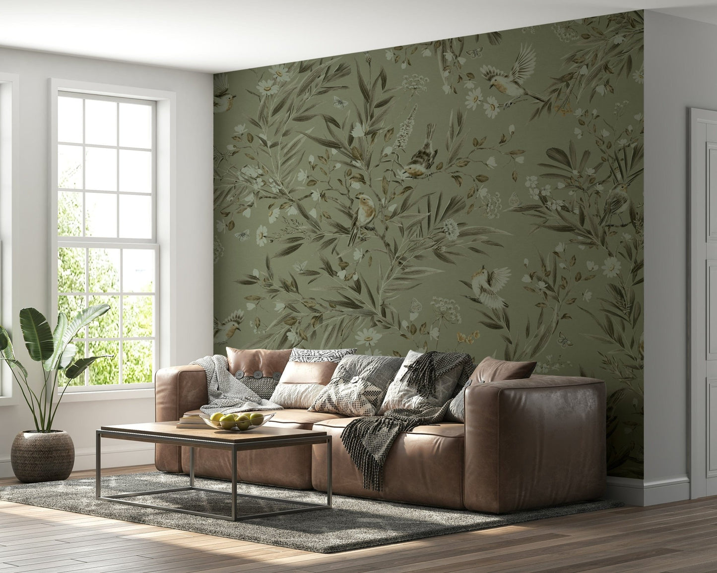 Vibrant nature-inspired mural showcasing birds among flowering plants