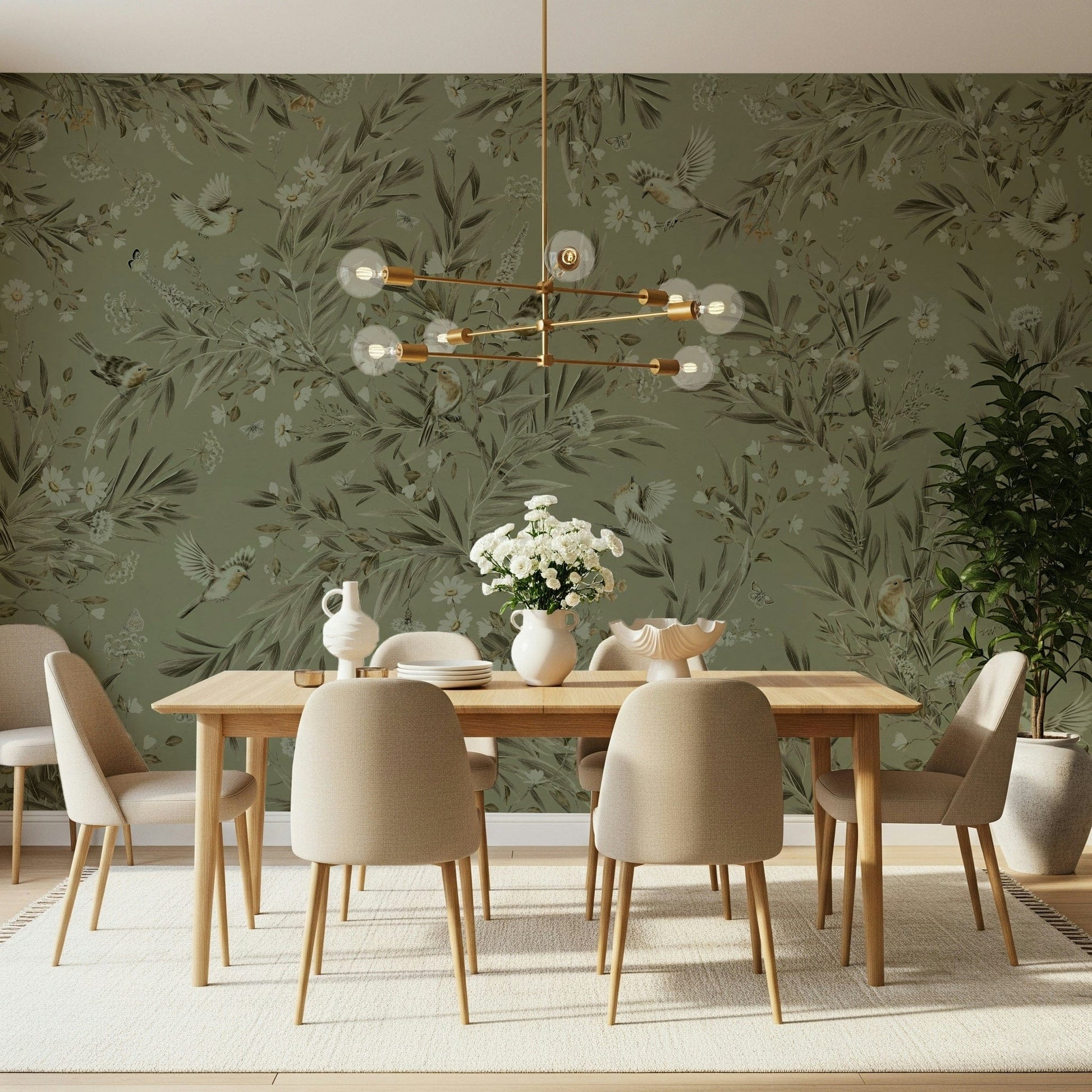 Elegant aviary mural with colorful birds perched on flowering plants