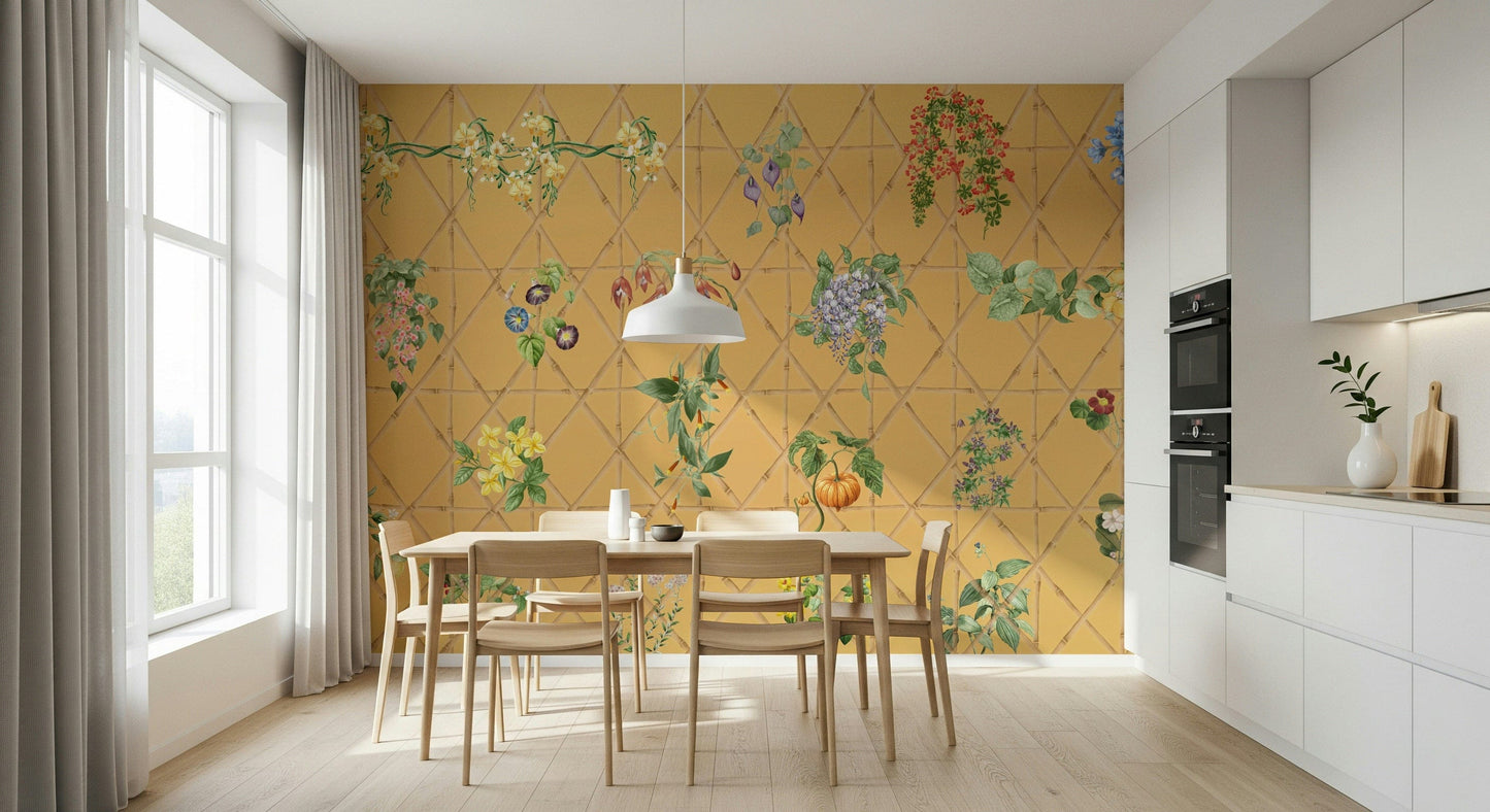 Study nook wall with botanical lattice wallpaper, structured look for modern living space