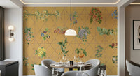 Dining area wall mural with botanical lattice design, balanced colour and neat layout