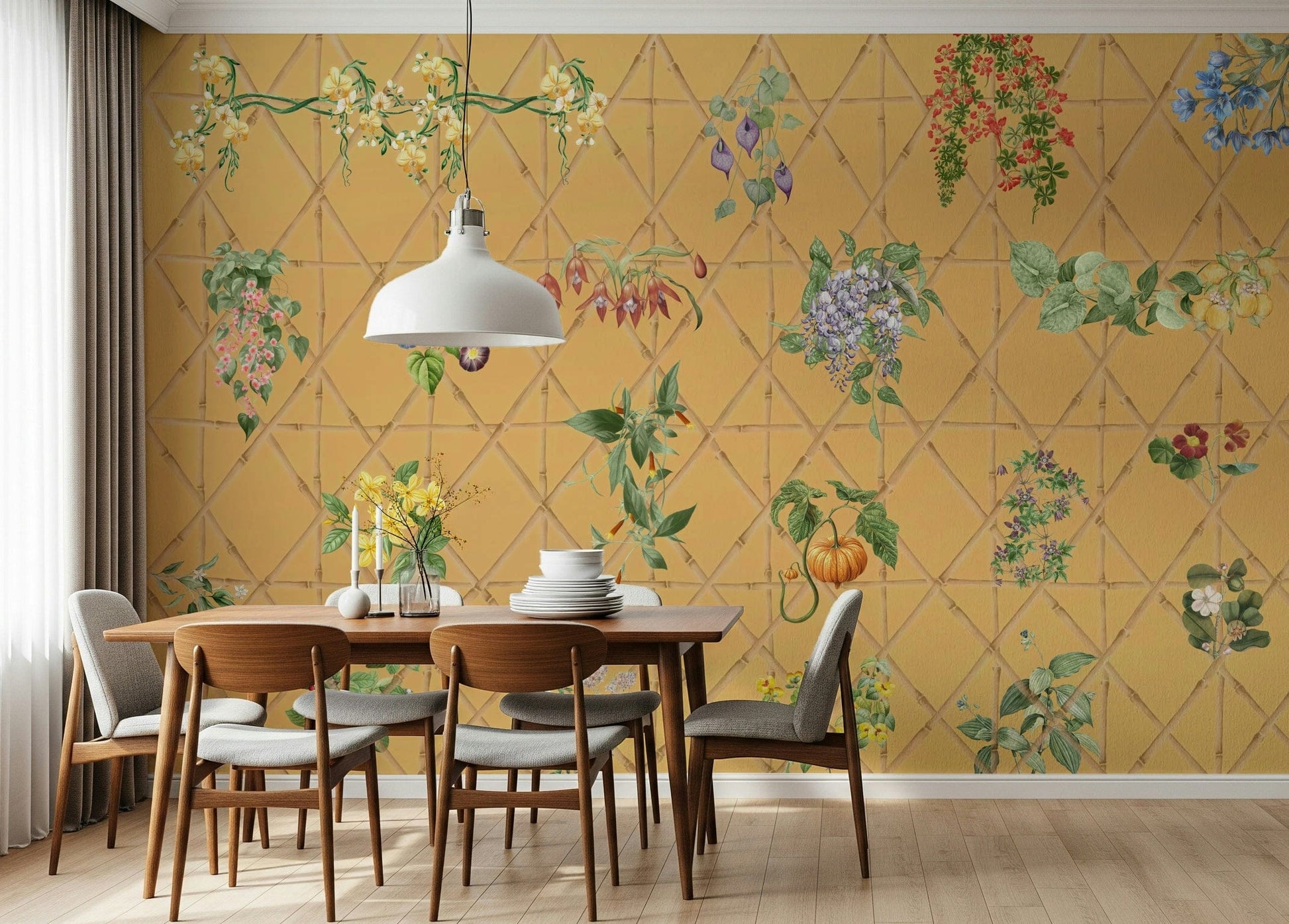 Botanical Lattice Wall Mural in living space, leafy lattice design for modern home styling