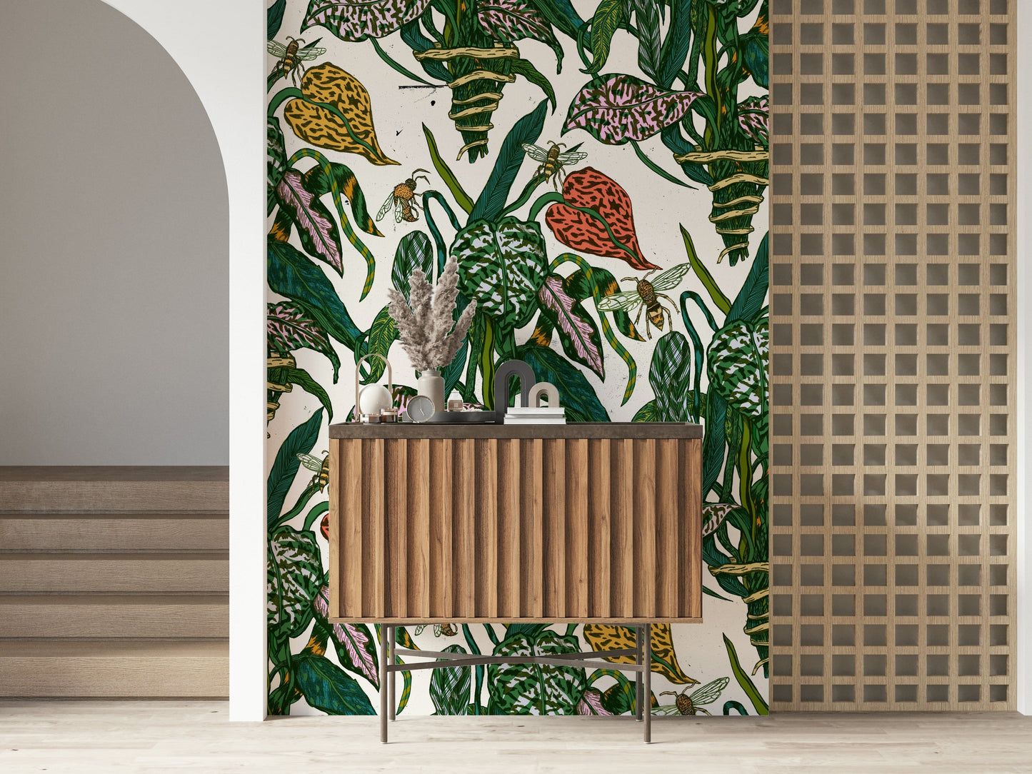 A peaceful flower design mural on decorative wallpaper.