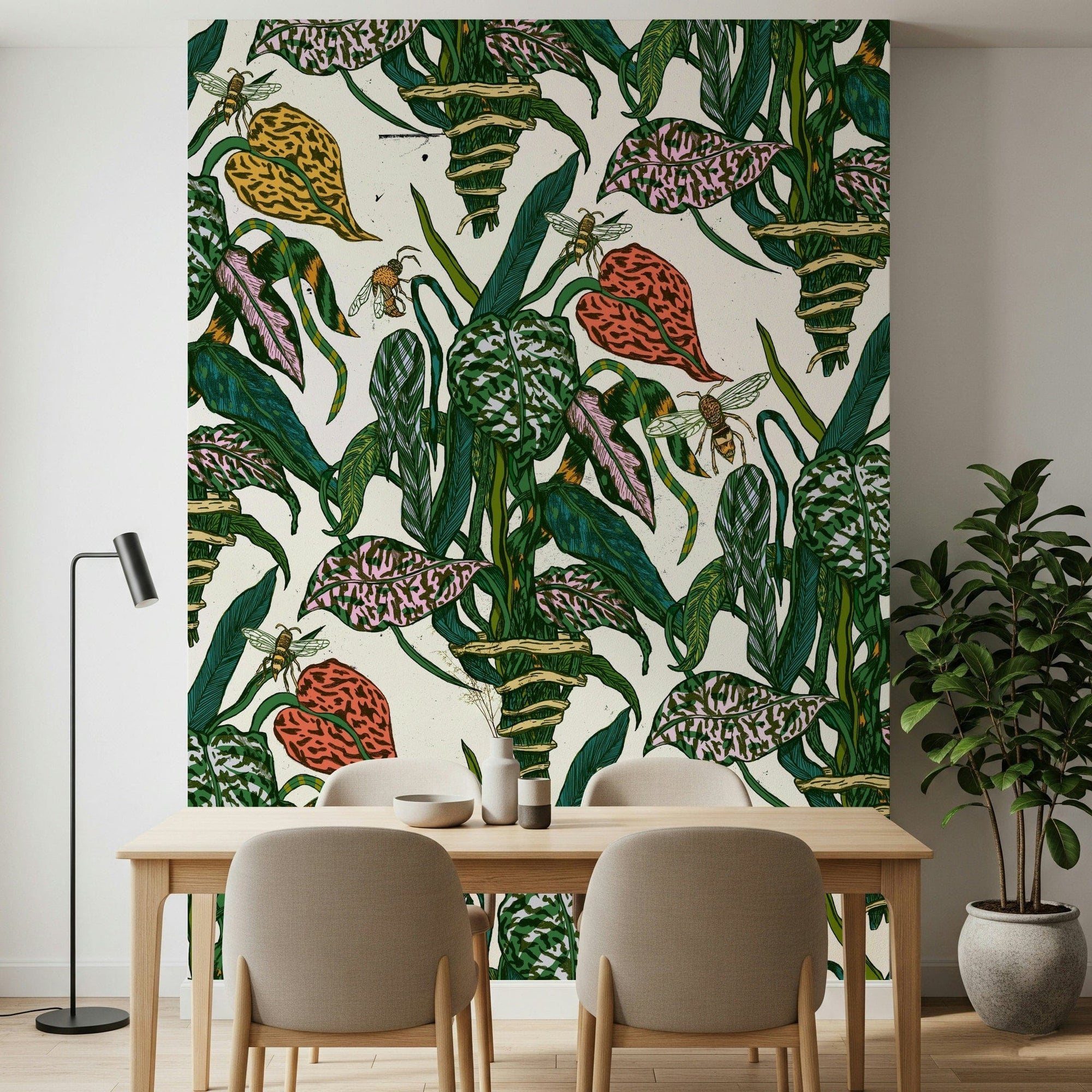 An artistic delicate bloom mural on minimalist wallpaper.
