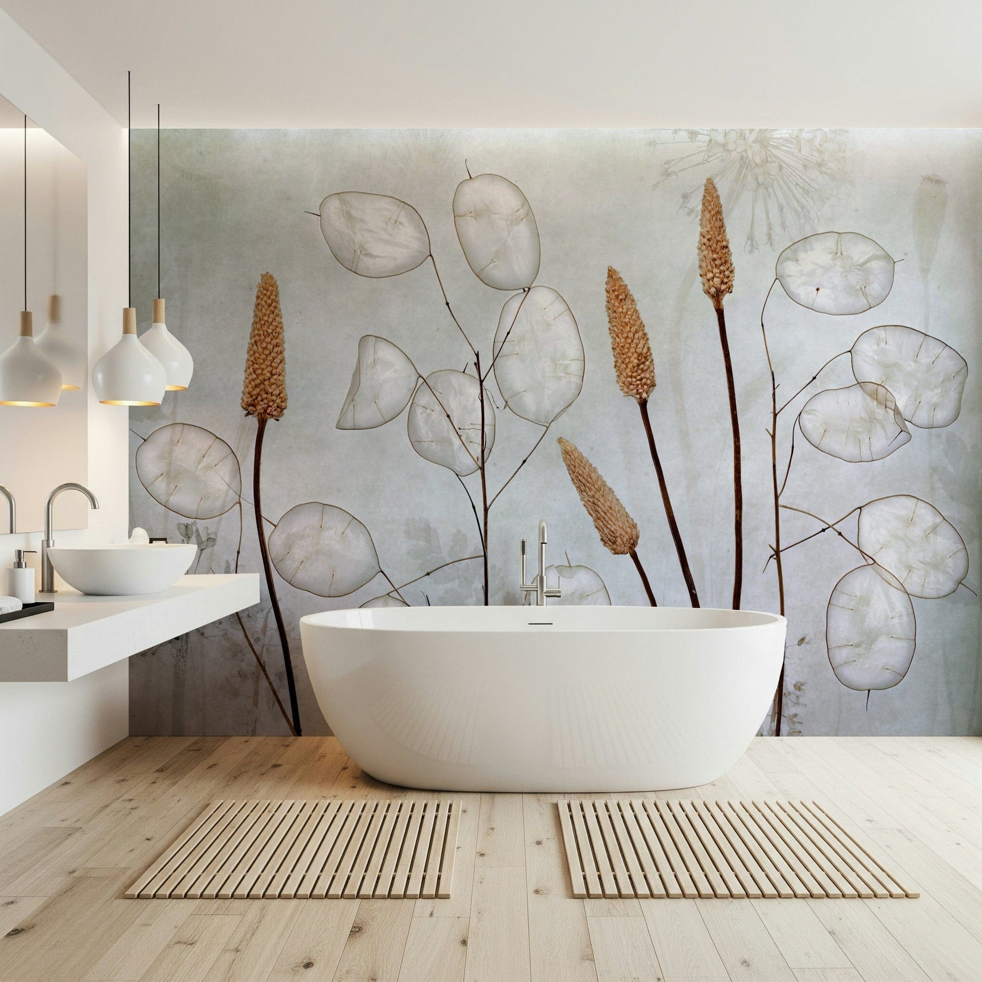 A graceful subtle leaf wall mural in cool, natural tones.

