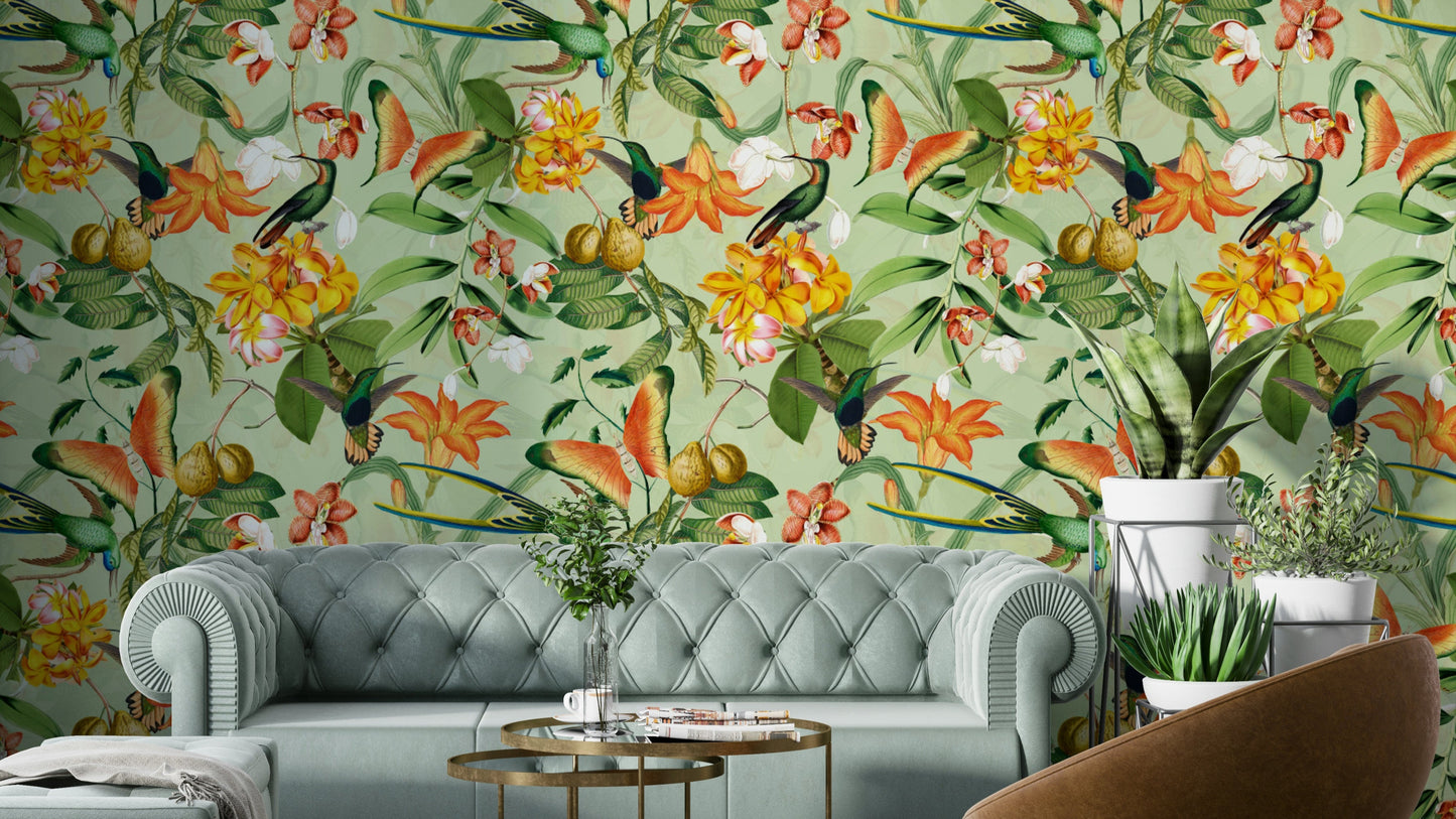 Botanical Bird Rhapsody wallpaper featuring colorful birds and foliage


