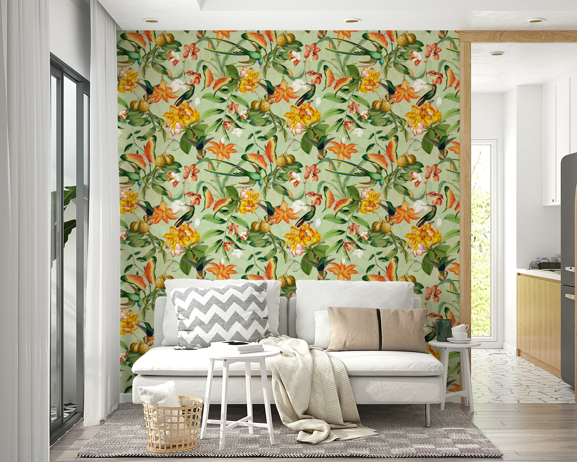 Lush botanical wallpaper with vibrant birds perched among flowers

