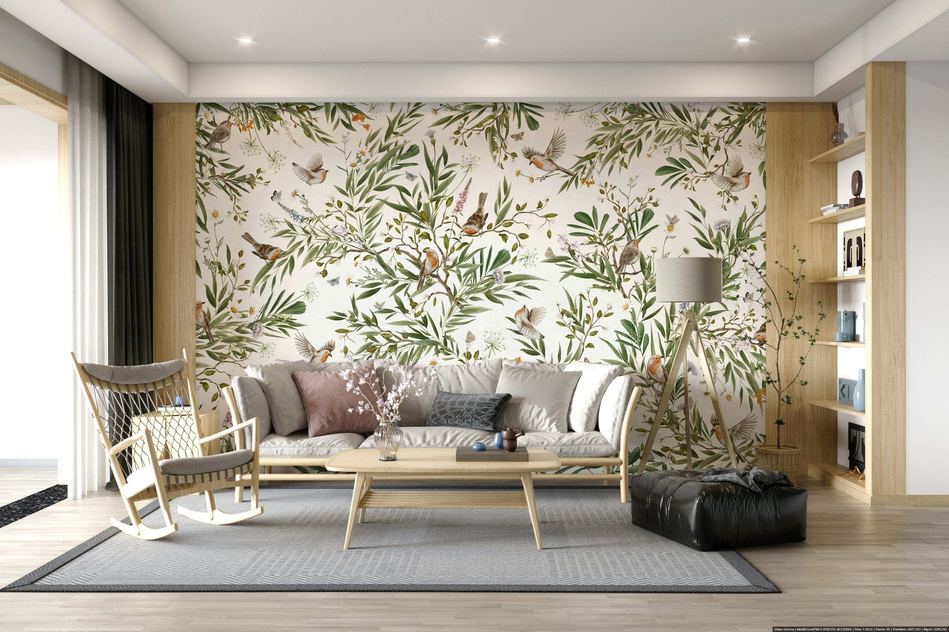 Tropical botanical wall mural with intricate bird and leaf patterns