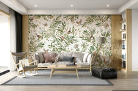 Tropical botanical wall mural with intricate bird and leaf patterns