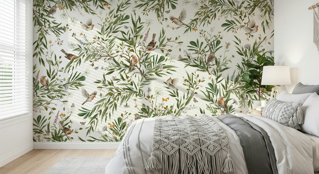 Vibrant wall art of exotic birds surrounded by tropical leaves and flowering plants