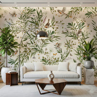 Elegant botanical mural showcasing a variety of birds in a flourishing plant paradise