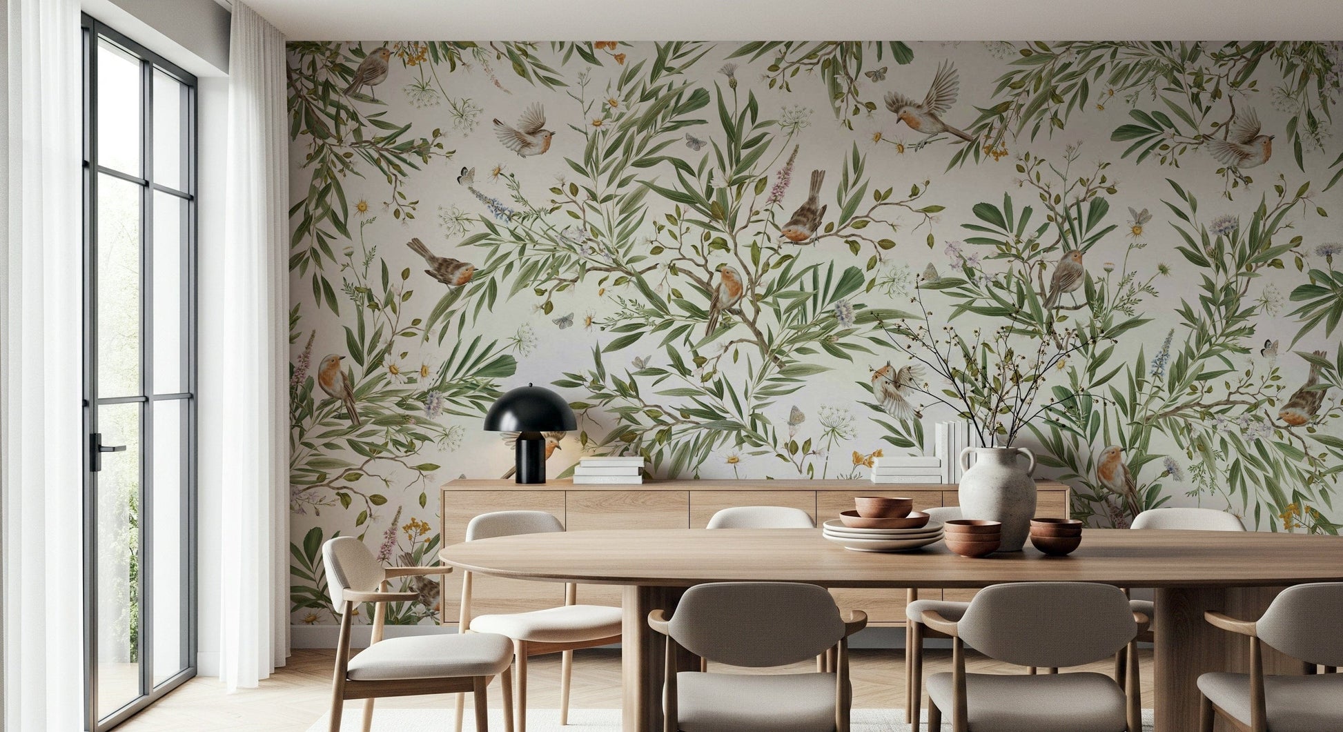 Tropical garden mural with detailed greenery and playful birds in flight