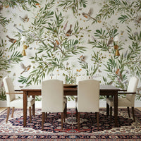 Lush botanical wall mural featuring exotic birds perched among vibrant tropical plants