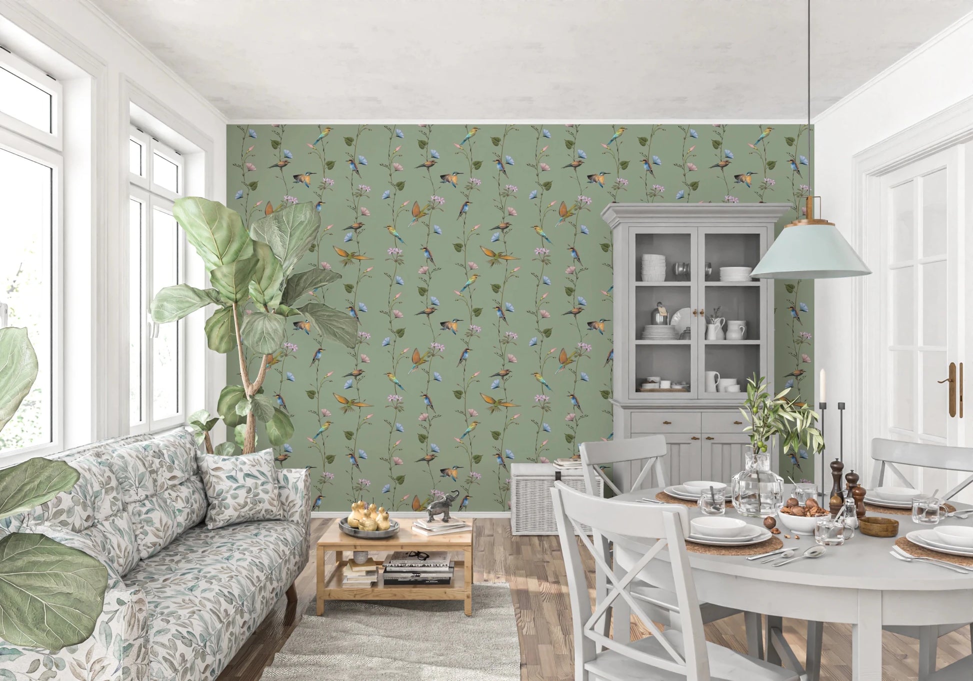 Botanical Birds in Soft Pastels Wallpaper⁠
