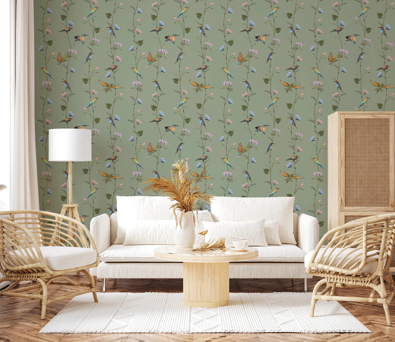 Botanical Birds in Soft Pastels Wallpaper⁠