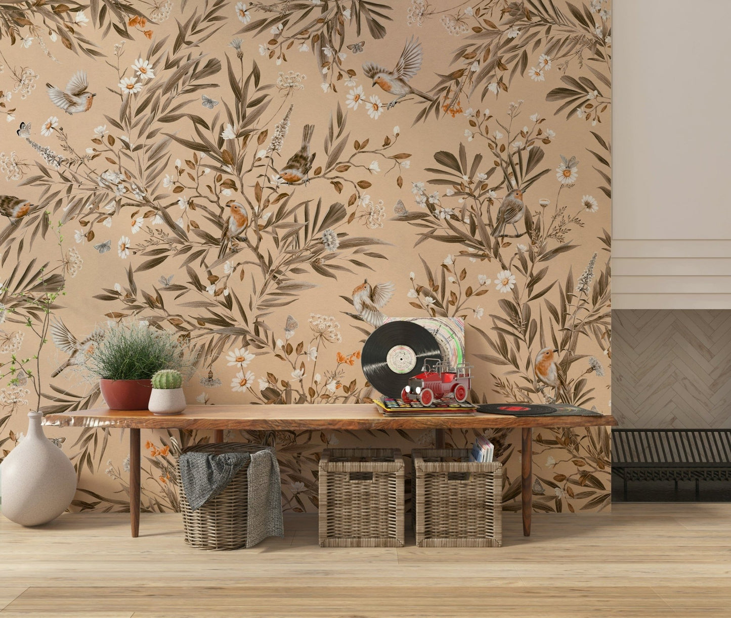 Artistic mural blending birds in flight with dense leafy foliage.