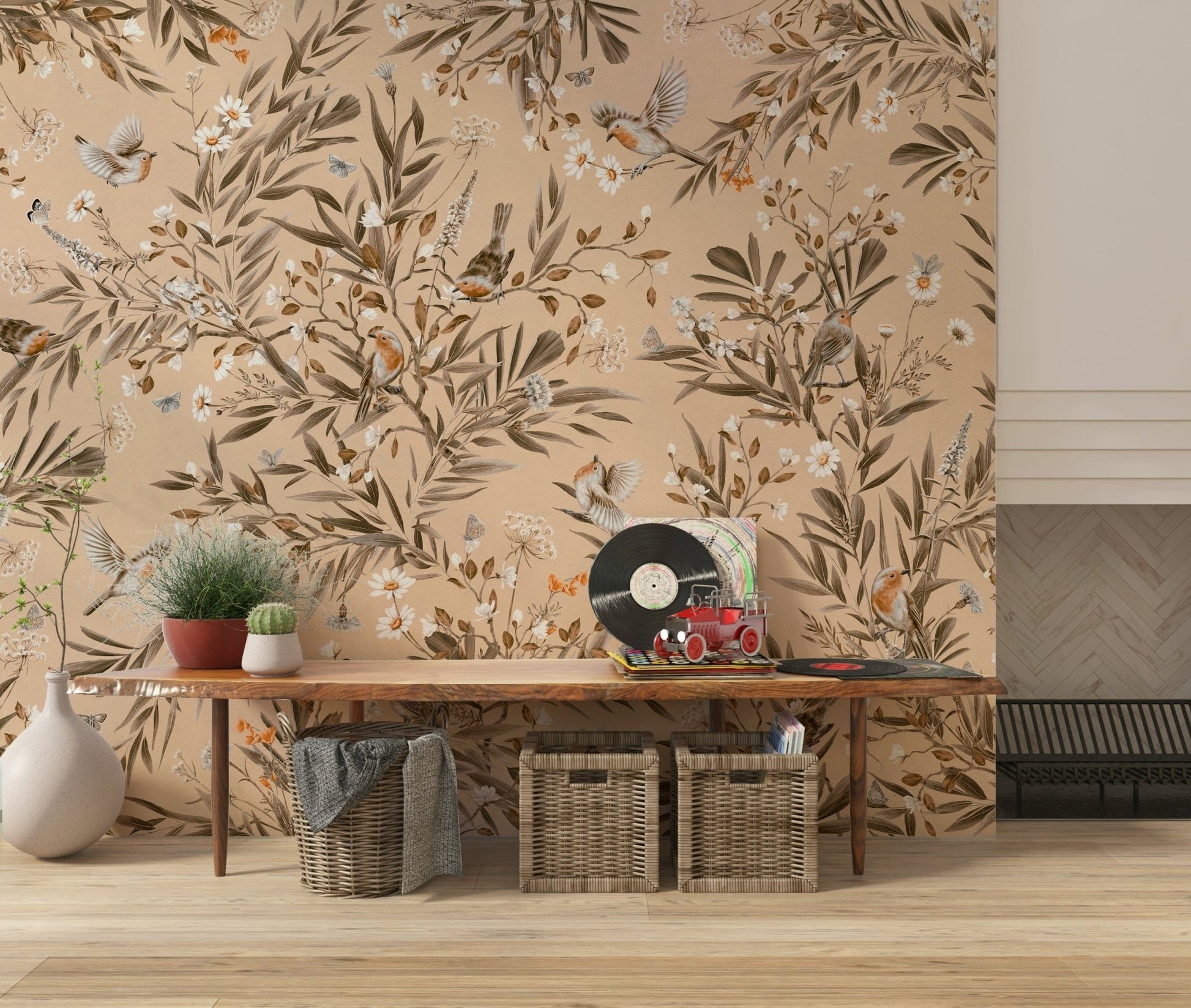 Artistic mural blending birds in flight with dense leafy foliage.
