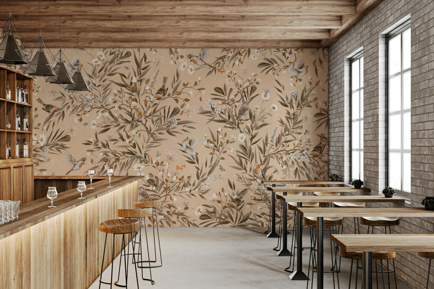 Botanical mural with colorful birds perched on flowering branches