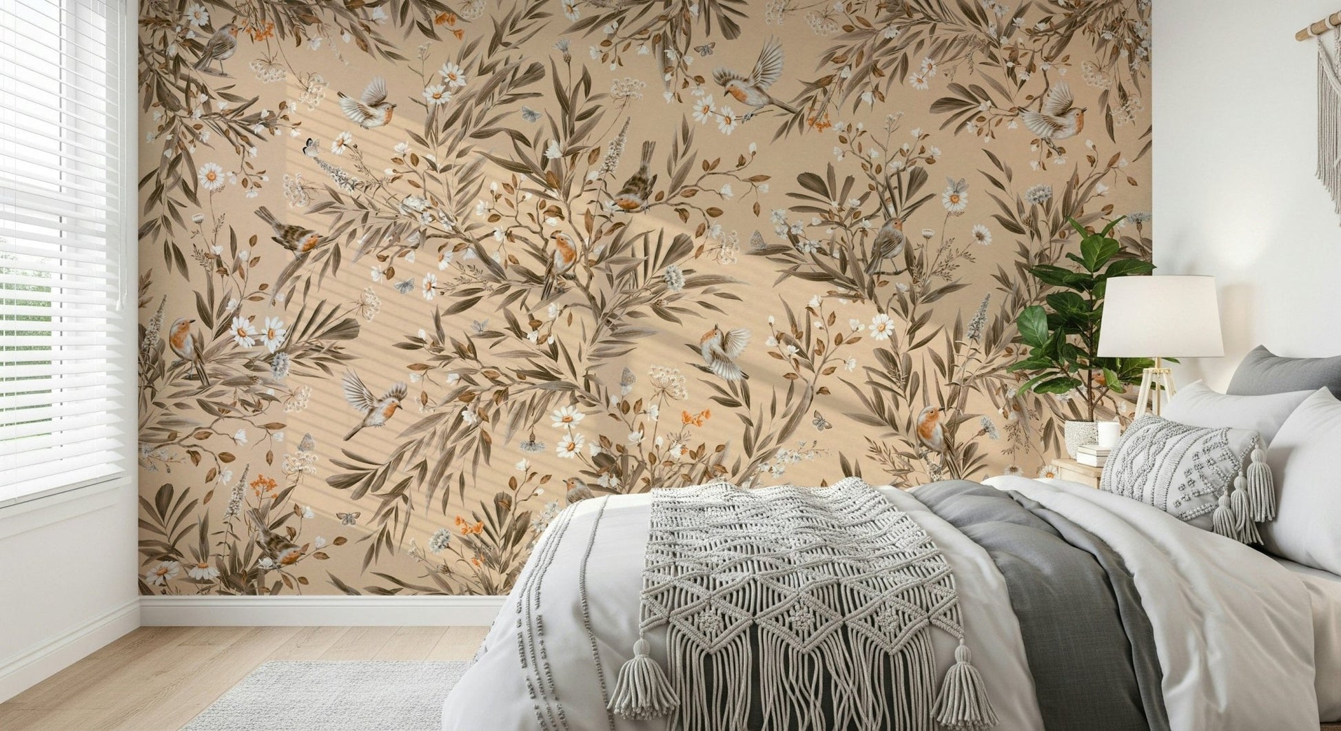 Whimsical garden mural featuring singing birds and vibrant greenery.