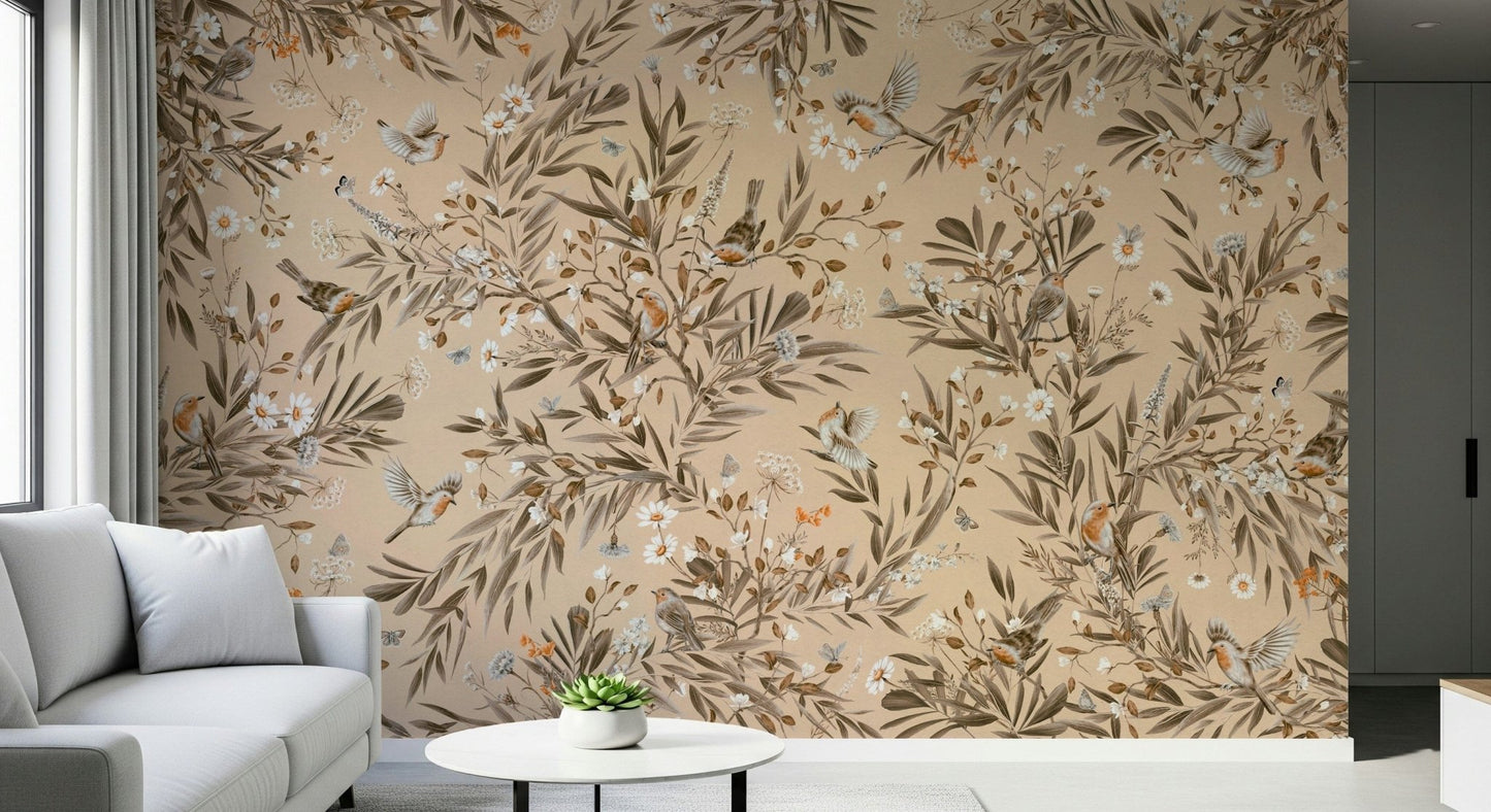 Tranquil botanical scene with songbirds in a lush garden setting