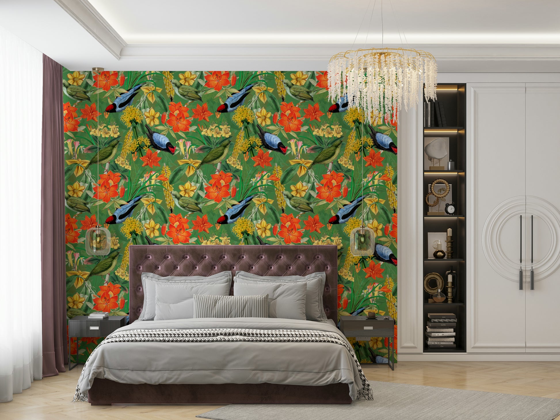Serene floral and bird wallpaper for tranquil home interiors

