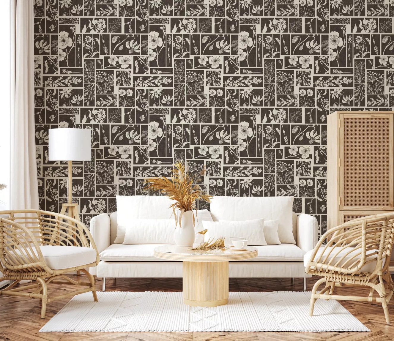 Botanical Block Print wallpaper with floral panel pattern