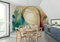 Elegant floral design with botanical arches in wall mural.

