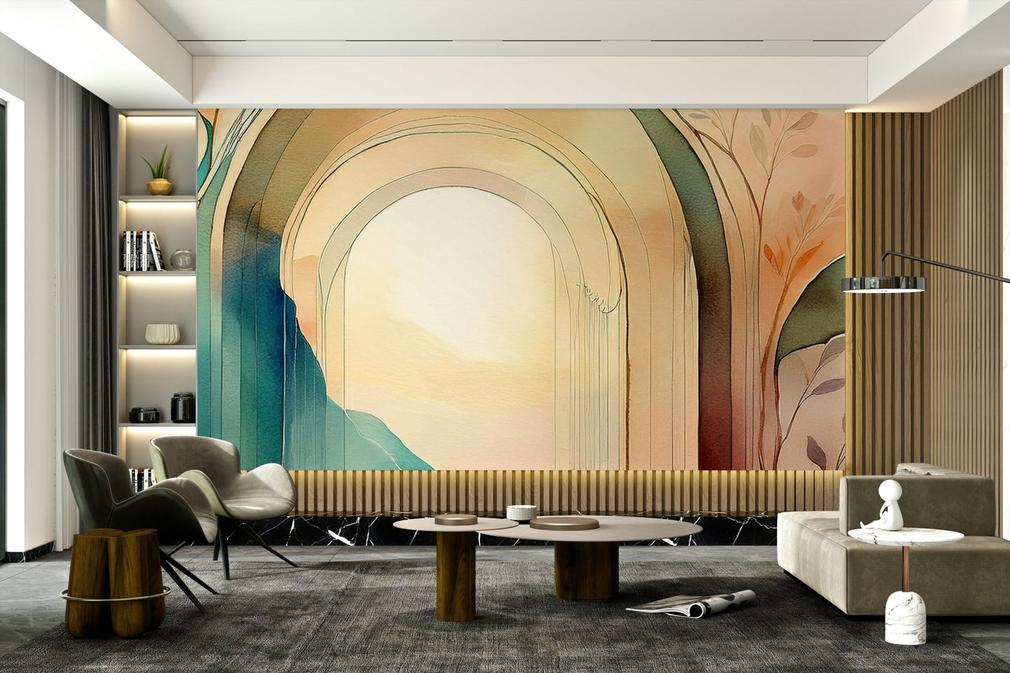Dreamy botanical arch design on wall mural for a serene atmosphere.

