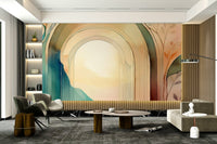 Dreamy botanical arch design on wall mural for a serene atmosphere.

