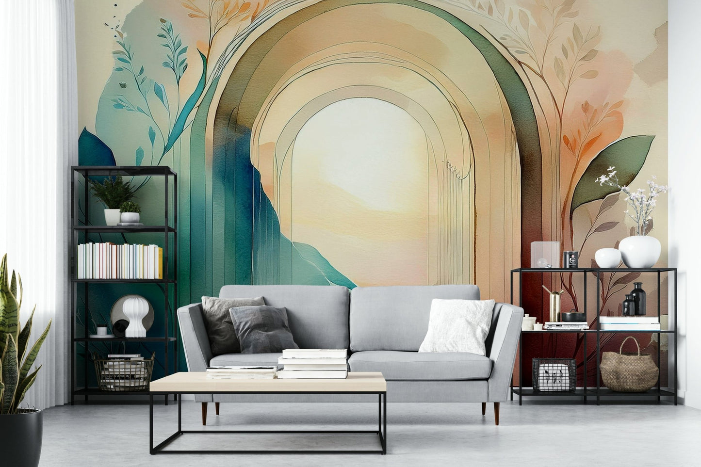 Botanical Dream Arches wall mural creating an elegant, nature-filled space.

