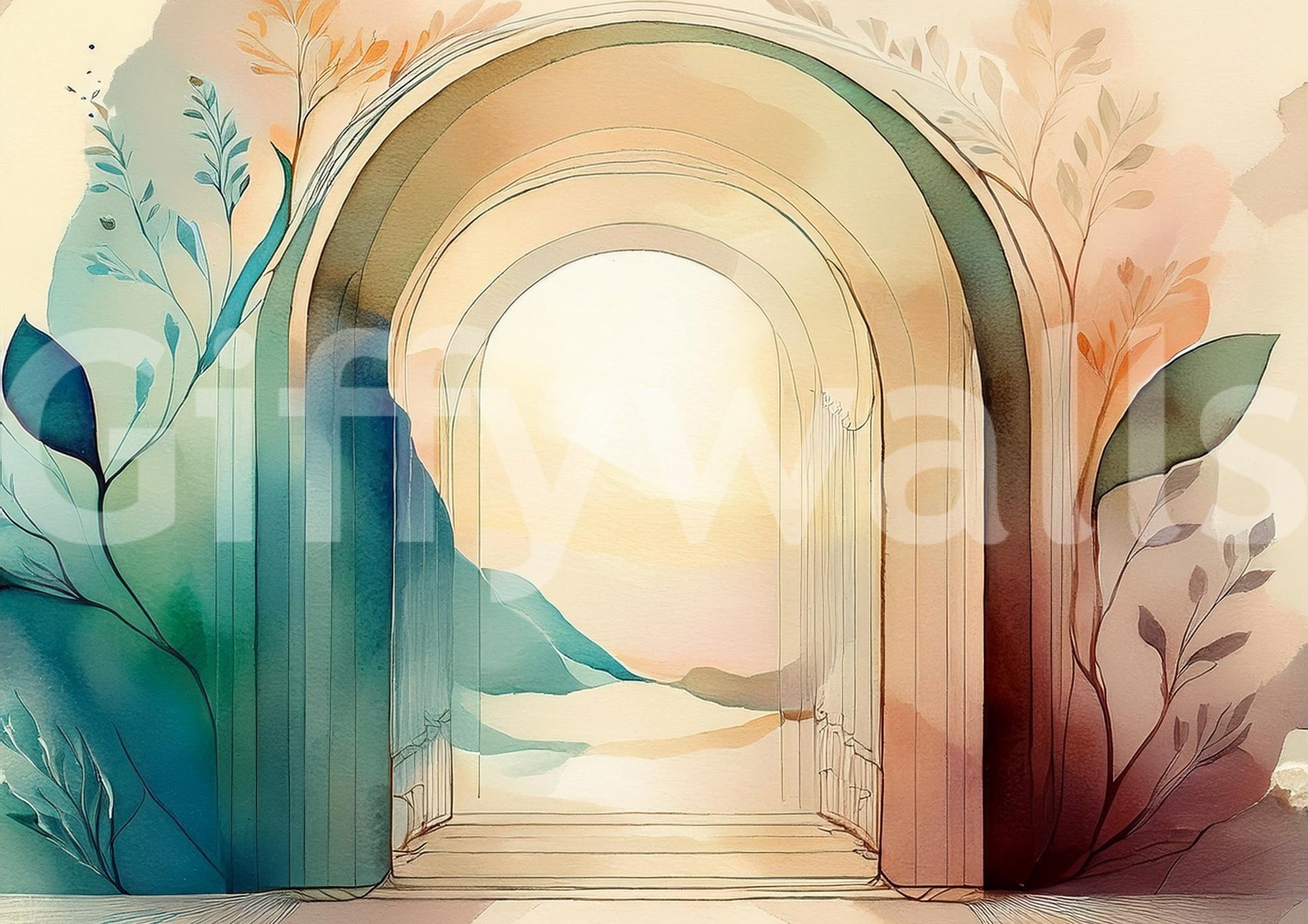 Soft arches and florals in the Botanical Dream Arches wall mural.

