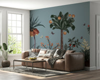 Study nook wall with leafy wallpaper mural, modern home styling and soft colours