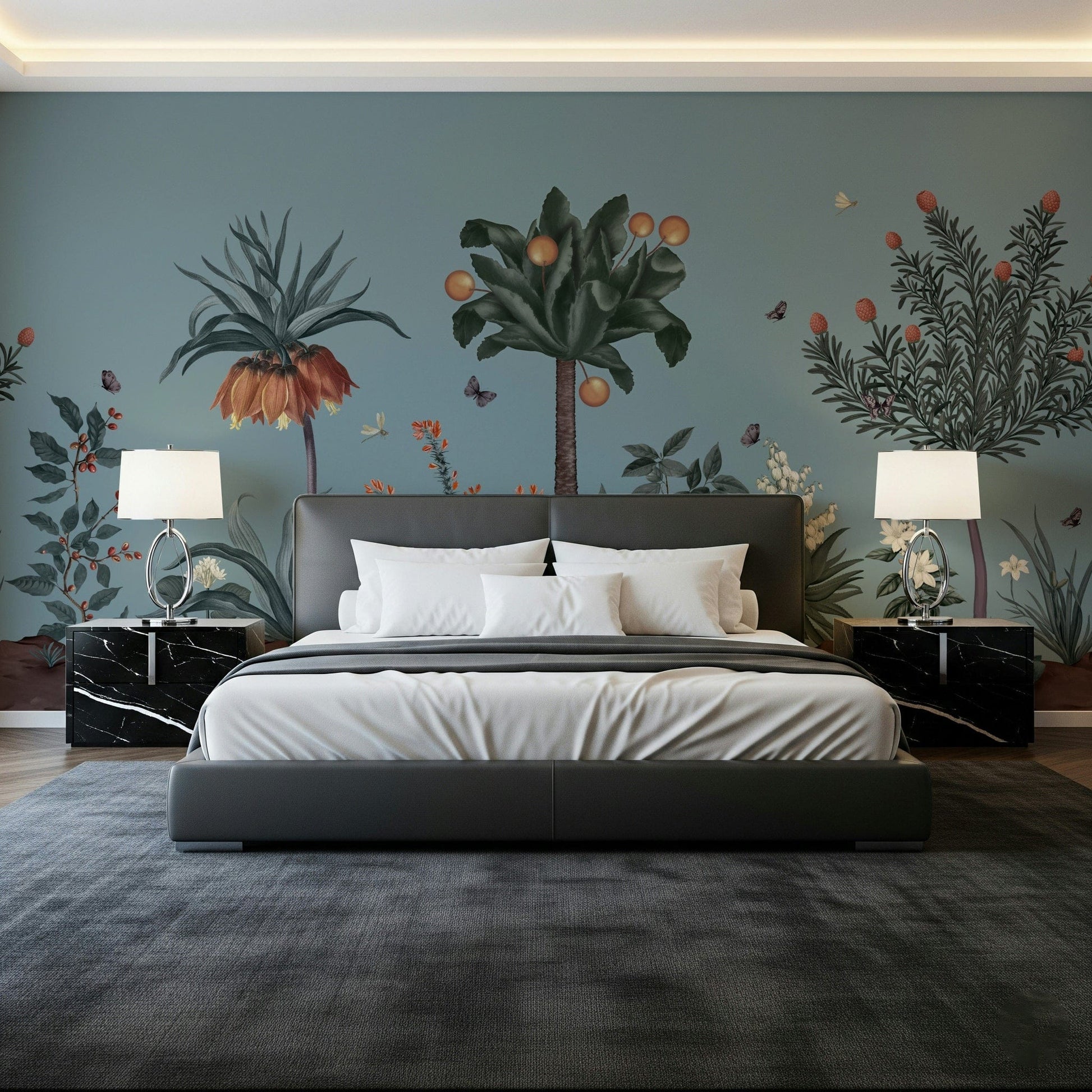 Bedroom headboard wall with botanical mural, soft green colours and clean lines