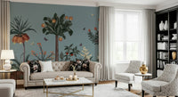 Reading corner wall with leafy wallpaper, balanced colour palette and gentle detail