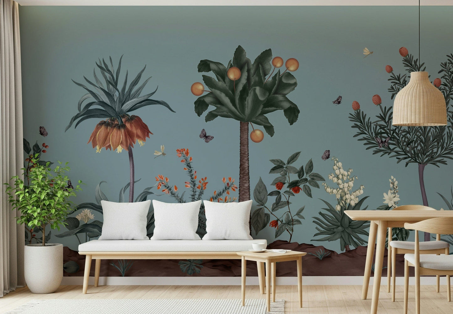 Dining area wall mural with botanical foliage design, balanced colour and natural detail