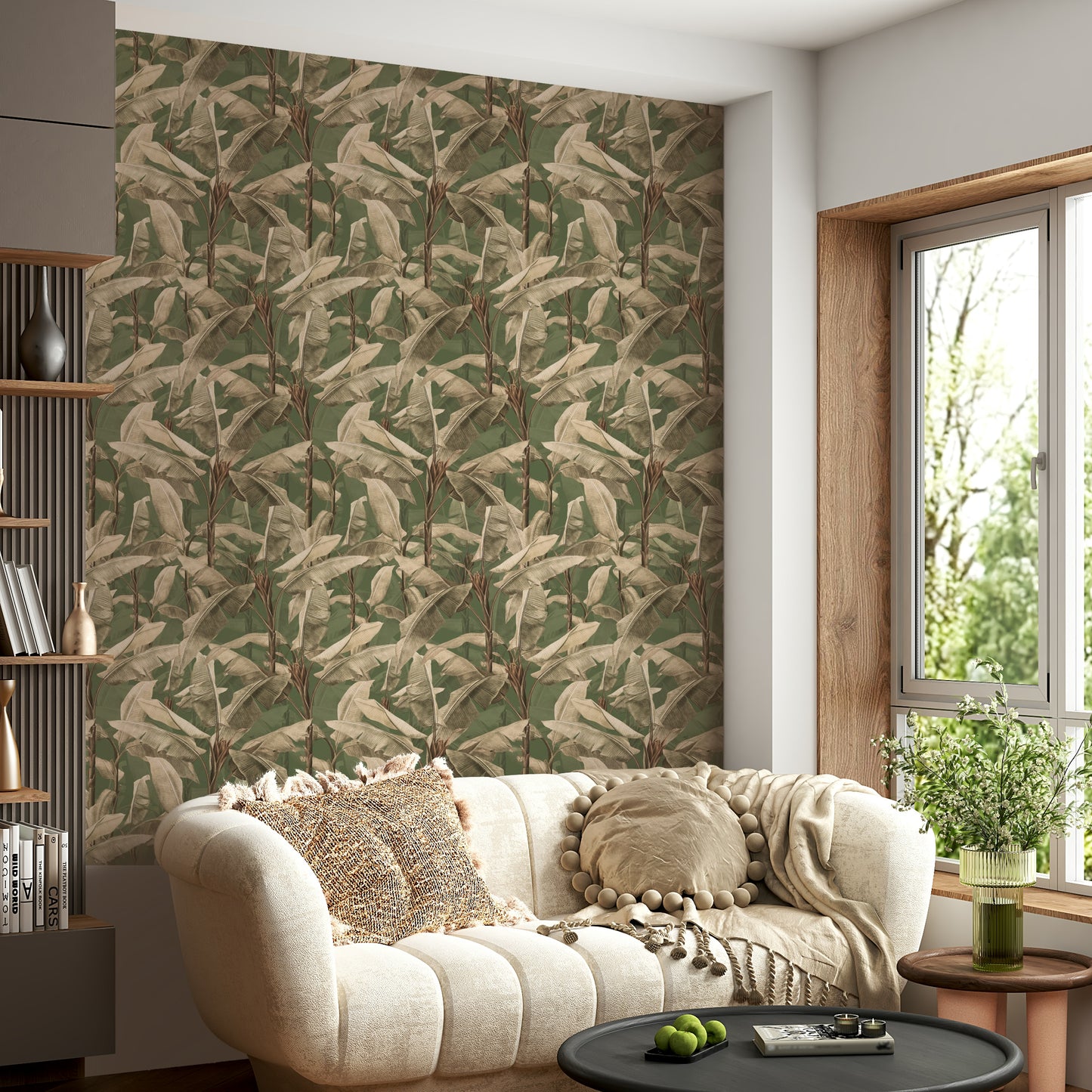 Close-up of Botanical Eden wall mural with detailed leaves.

