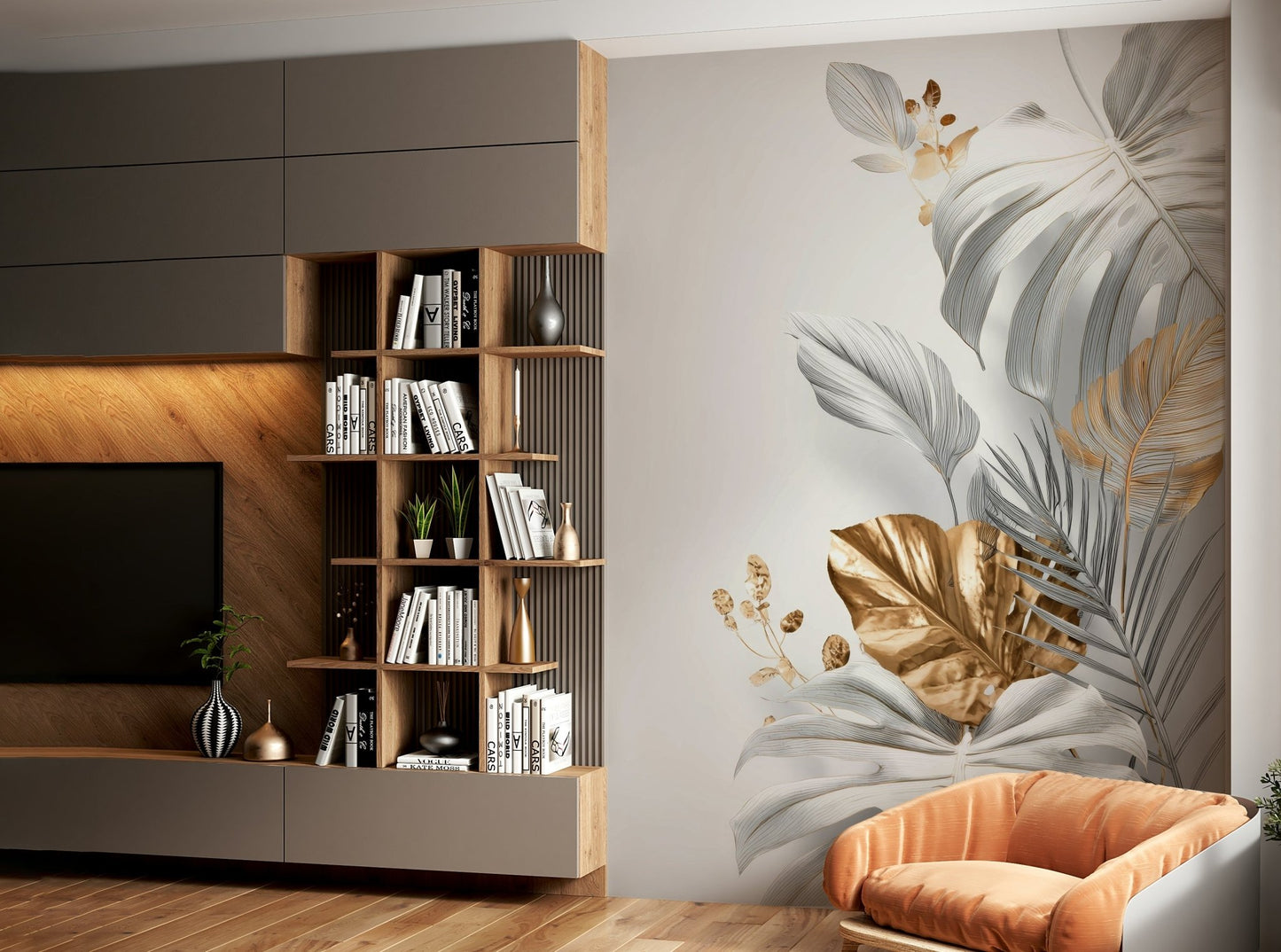Subtle floral pattern mural for calming interiors

