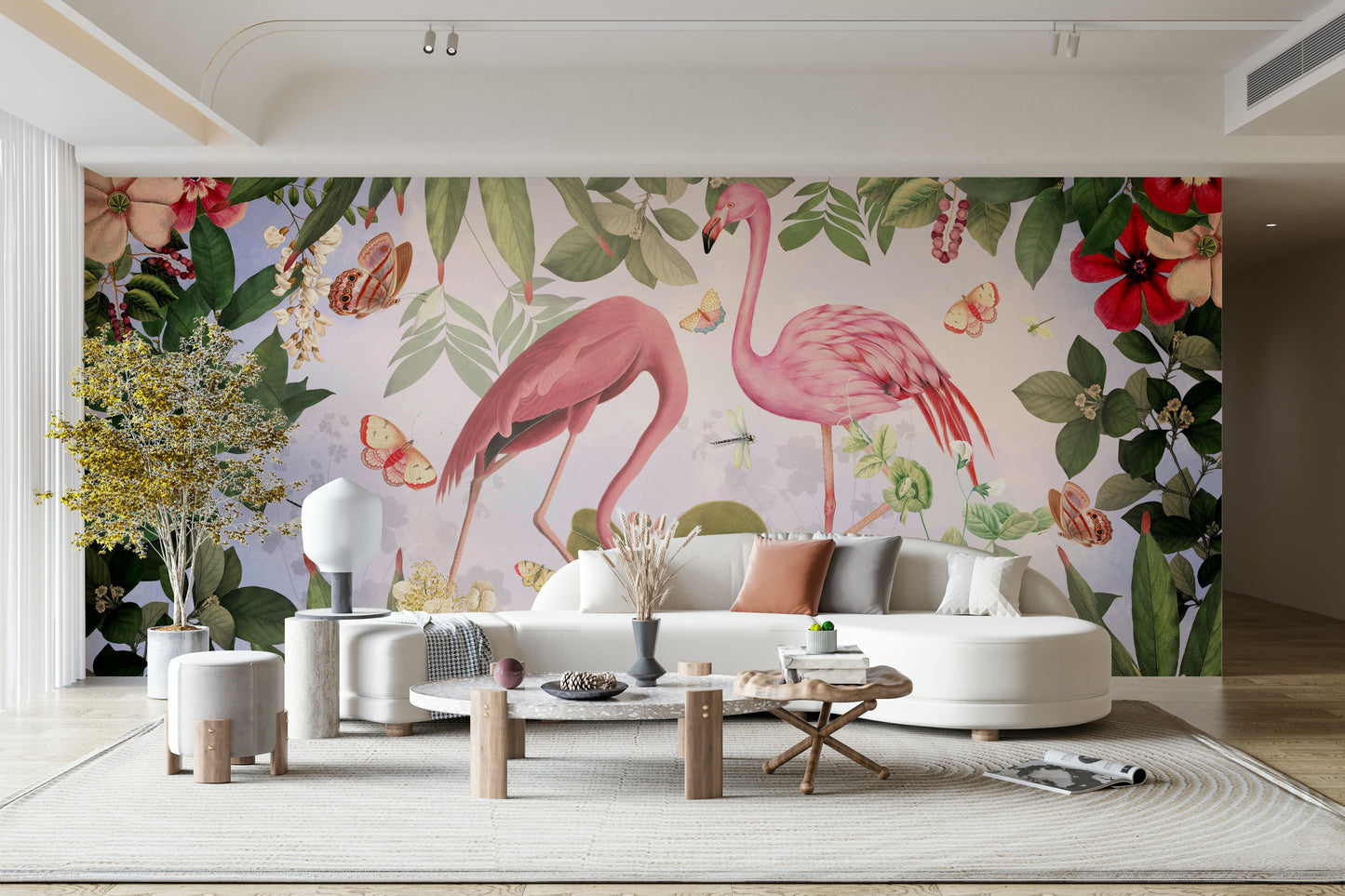 Artistic tropical wallpaper with flamingos

