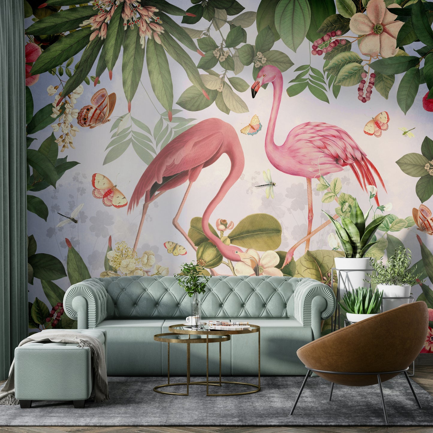 Elegant bird and leaf mural wallpaper

