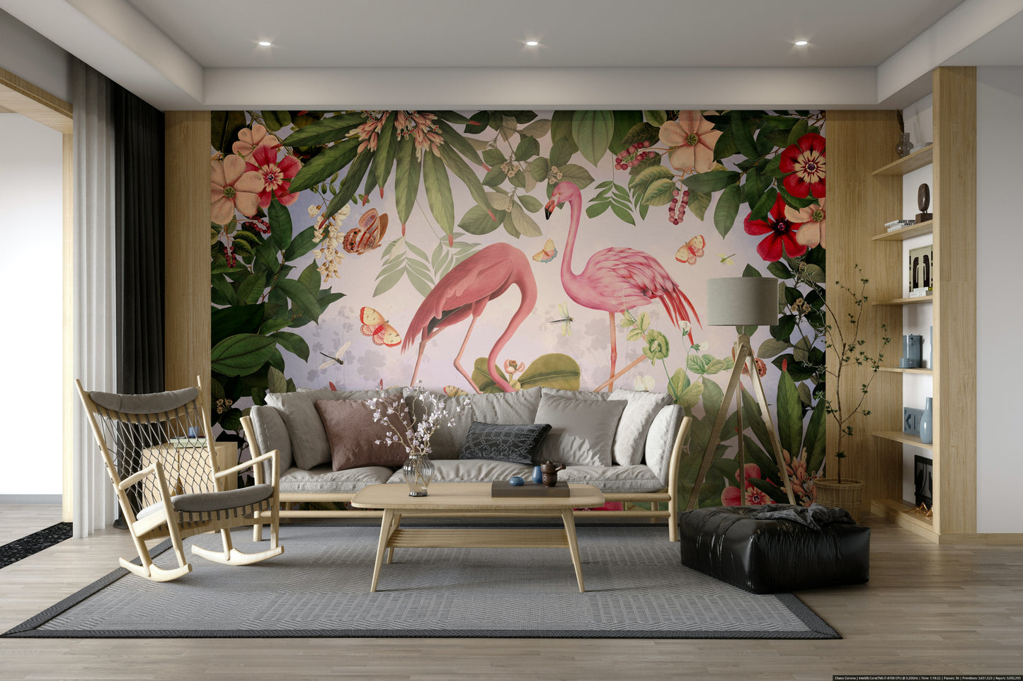 Hand-painted flamingo mural wallpaper

