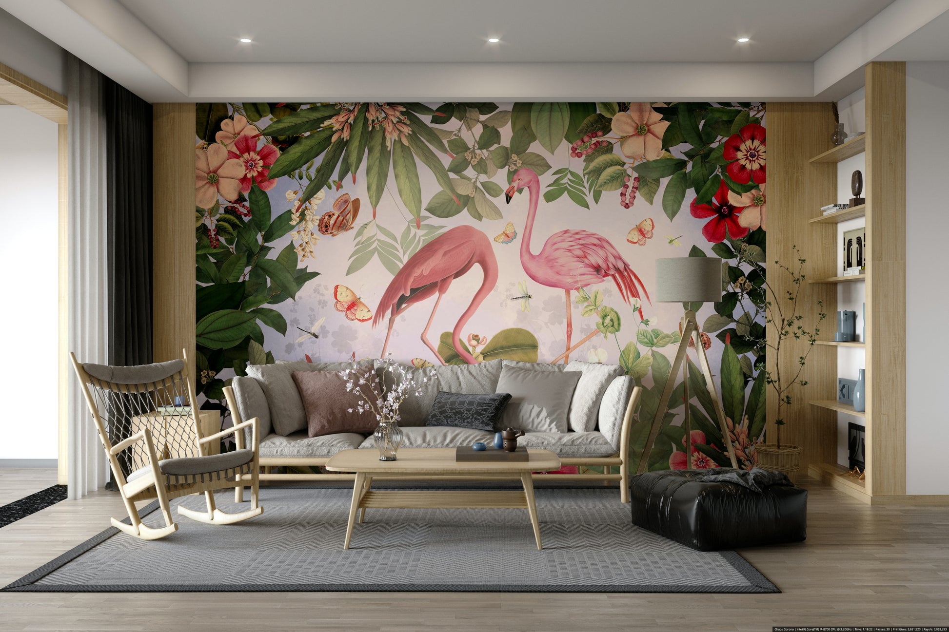 Hand-painted flamingo mural wallpaper

