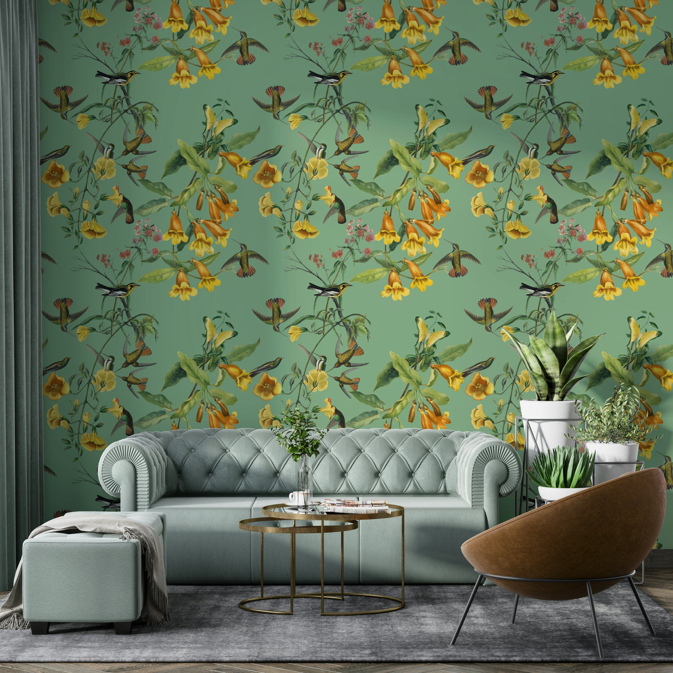 A graceful tropical foliage wall mural in soft, tranquil tones.

