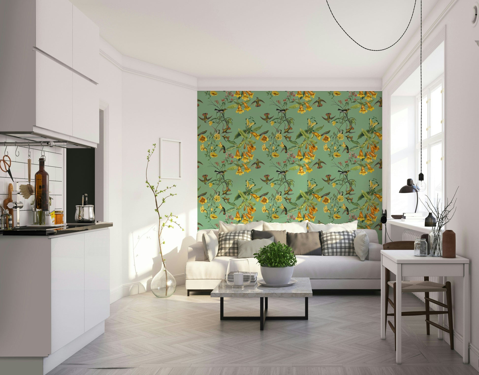 An artistic flying bird mural on lush wallpaper.

