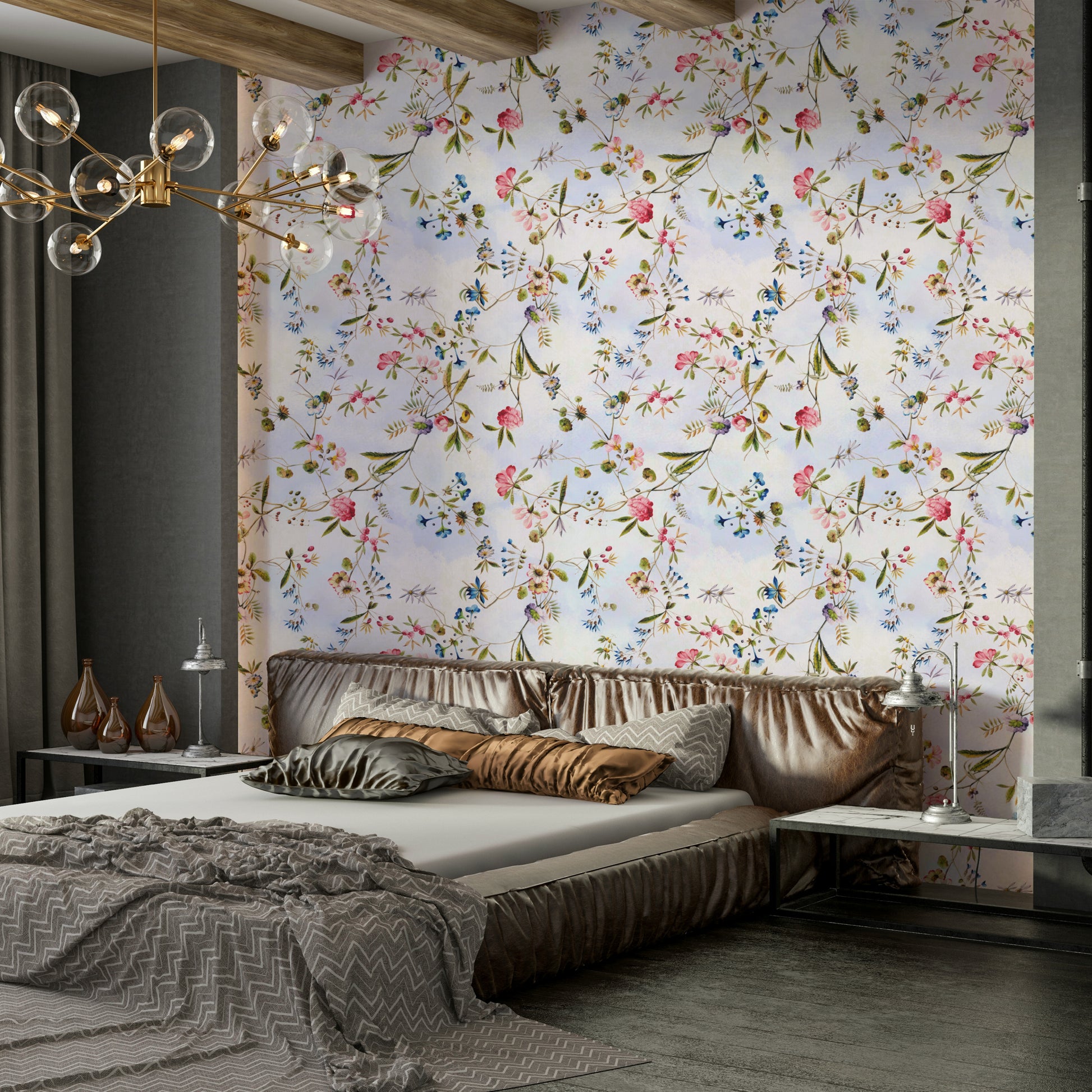 Botanical Garden Rhapsody Wallpaper with colorful florals and birds.

