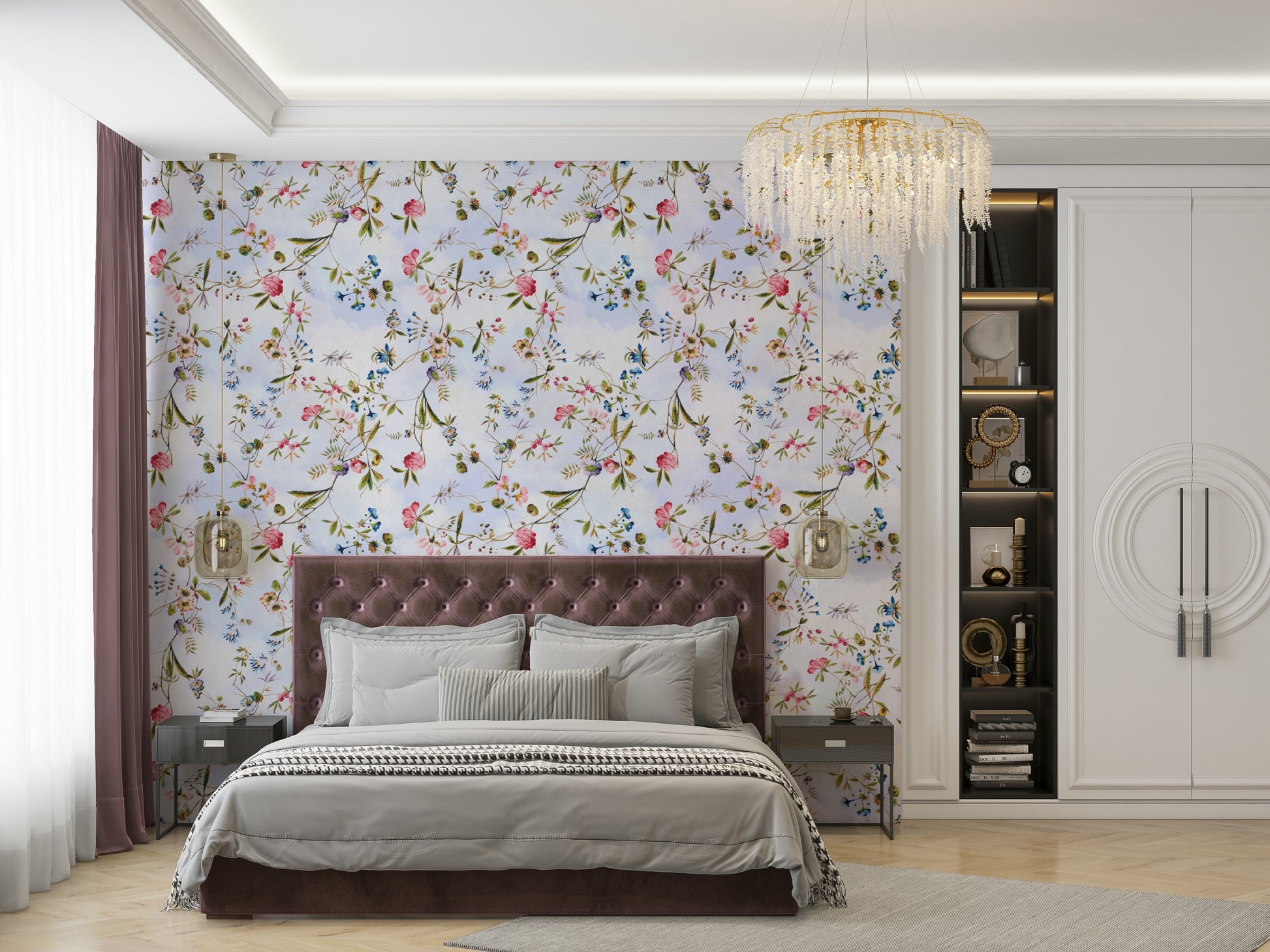 Bold botanical design featuring a mix of florals and greenery.

